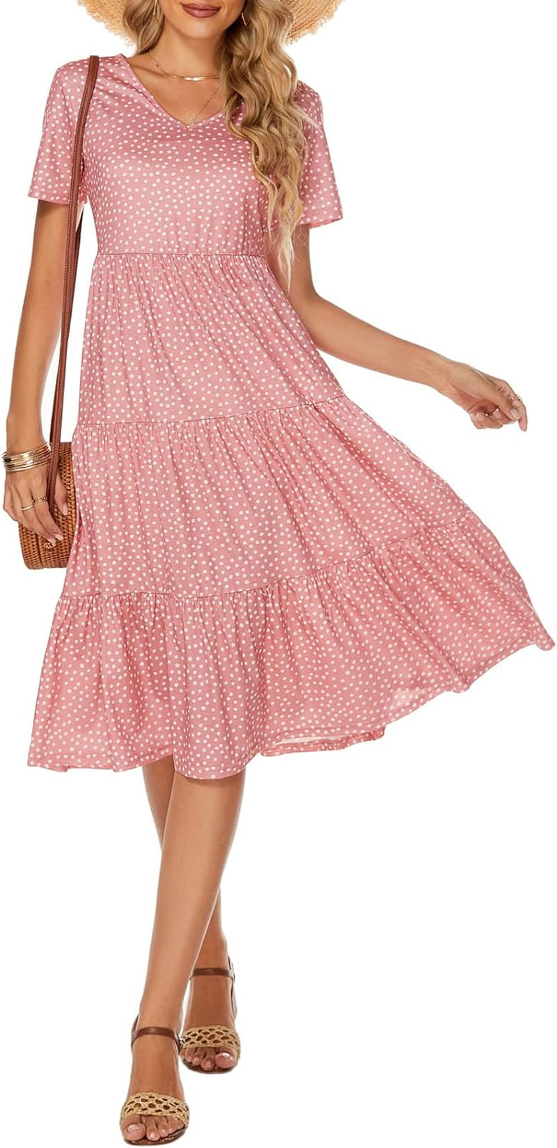 Women'S Casual Summer Tiered Midi Dress 2025 Short Sleeve V-Neck Loose Cotton Ruffle Babydoll Dress Boho Sundress