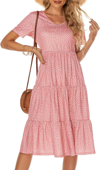 Women'S Casual Summer Tiered Midi Dress 2025 Short Sleeve V-Neck Loose Cotton Ruffle Babydoll Dress Boho Sundress
