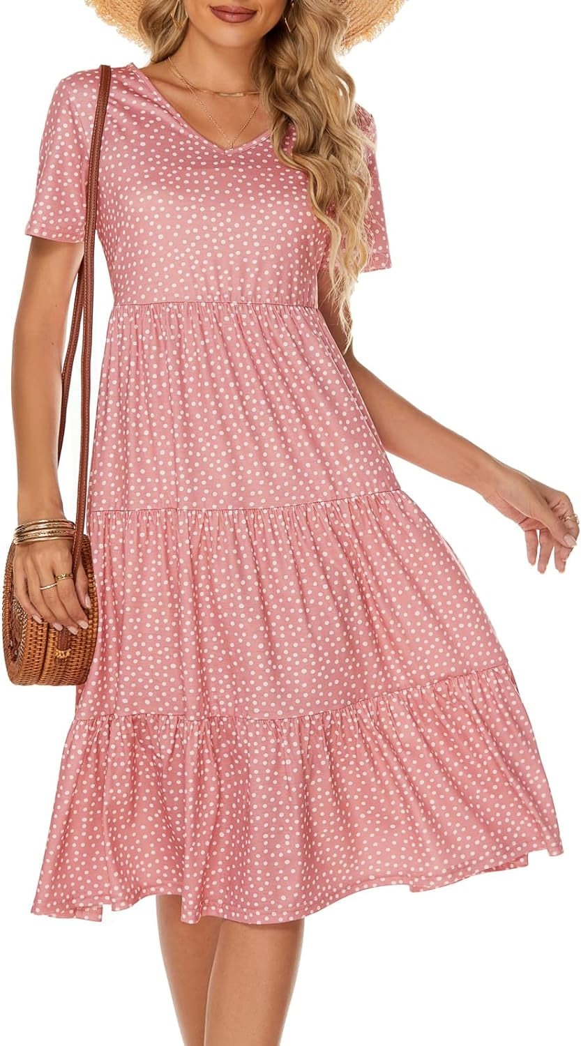 Women'S Casual Summer Tiered Midi Dress 2025 Short Sleeve V-Neck Loose Cotton Ruffle Babydoll Dress Boho Sundress